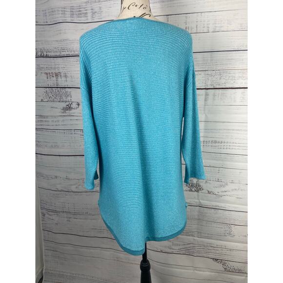 Chicos 2 Sweater Womens L Blue Metallic Shimmer Ribbed Knit 3/4 Sleeves Stretch - Picture 4 of 12